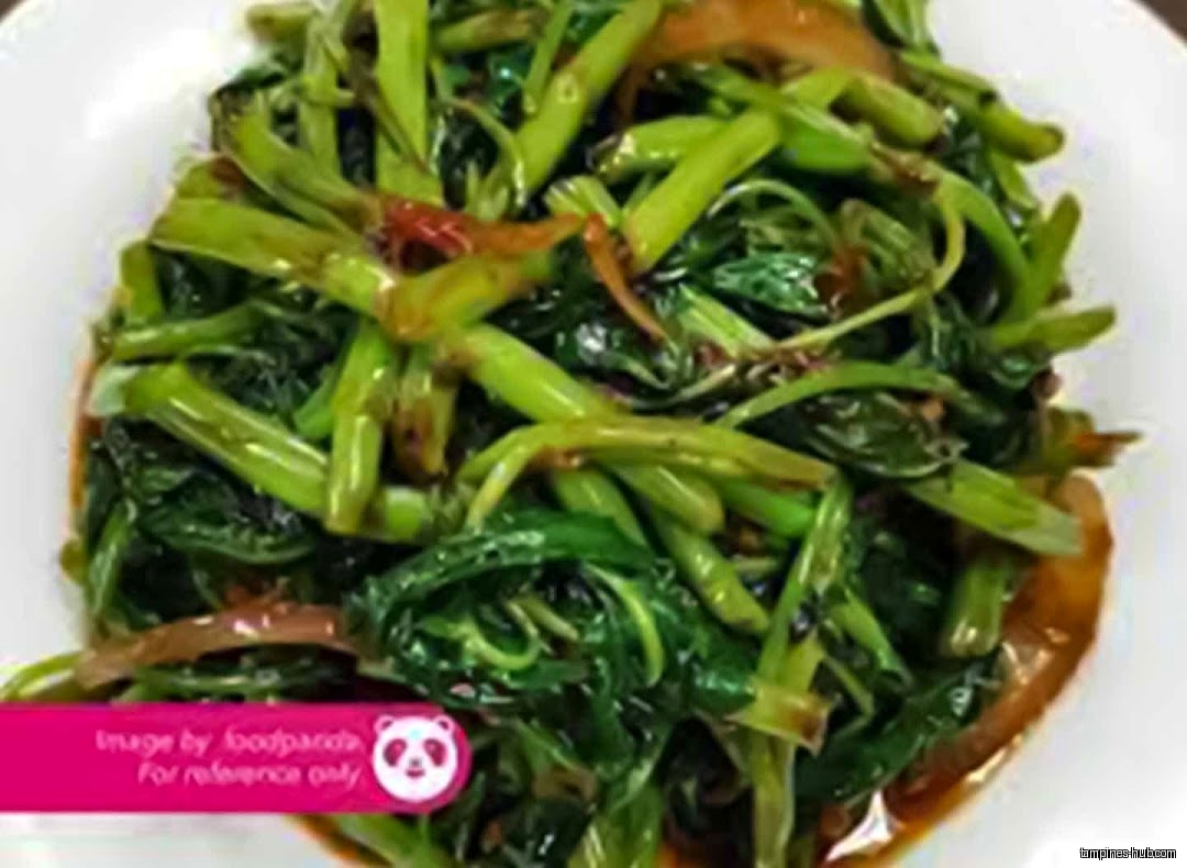 The image shows a plate of stir-fried water spinach (kangkong).