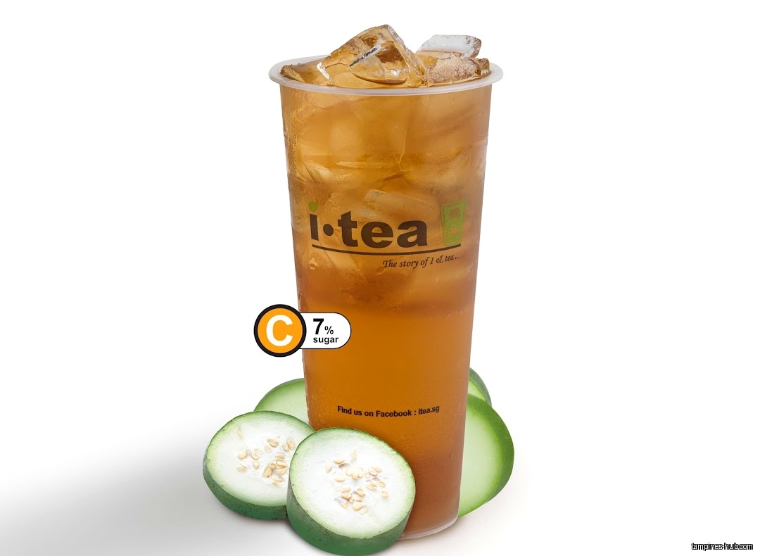 A cup of iTEA drink with ice and winter melon slices.