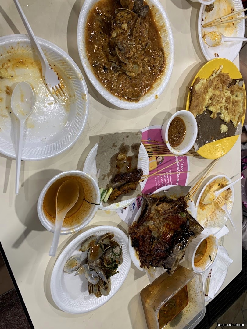 The image shows a table with several plates of leftover food.