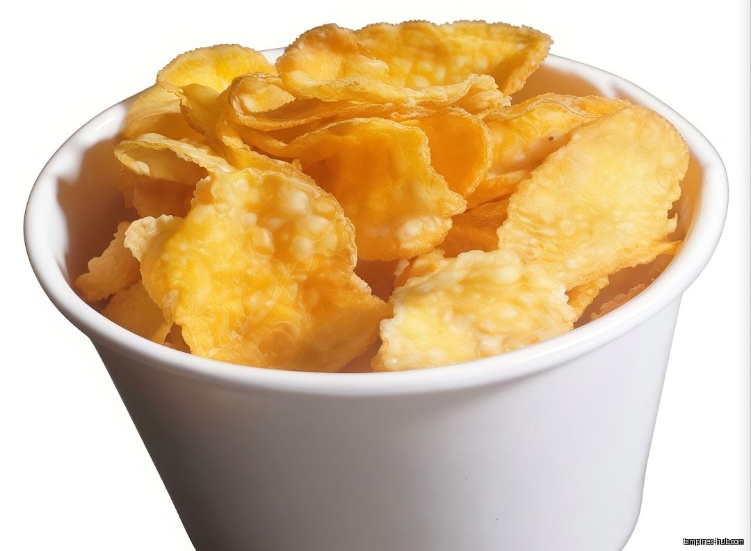 A white cup filled with golden, crispy flakes, possibly a dessert item.