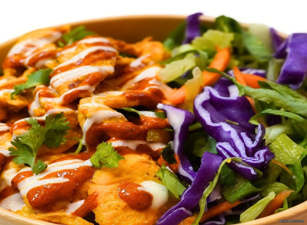 A close-up shot of a bowl with chicken, salad, and sauces.