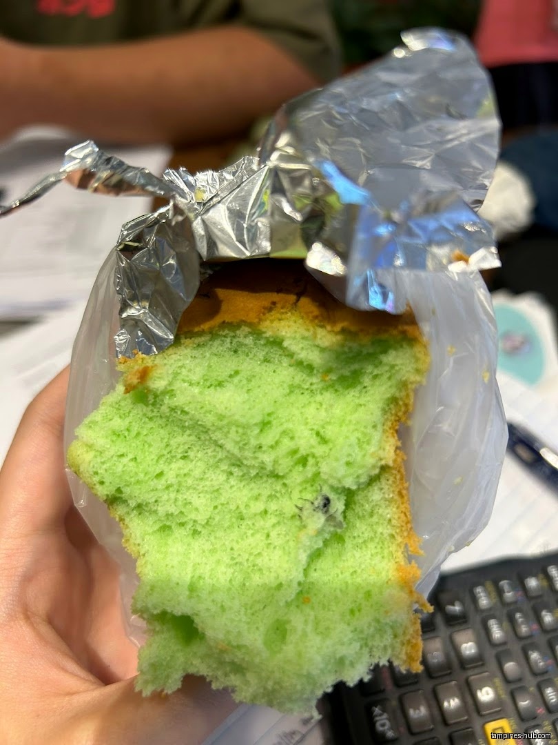 A hand holds a piece of green cake wrapped in plastic and foil.