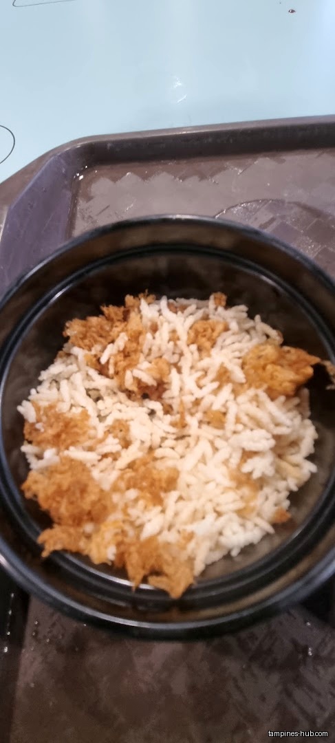 A bowl of rice topped with fried ingredients on a tray.