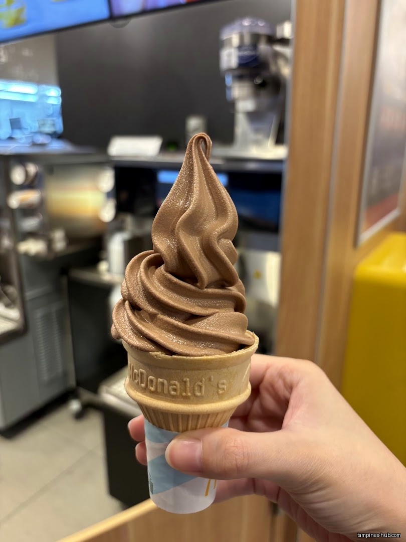 A hand holds a McDonald's chocolate ice cream cone.