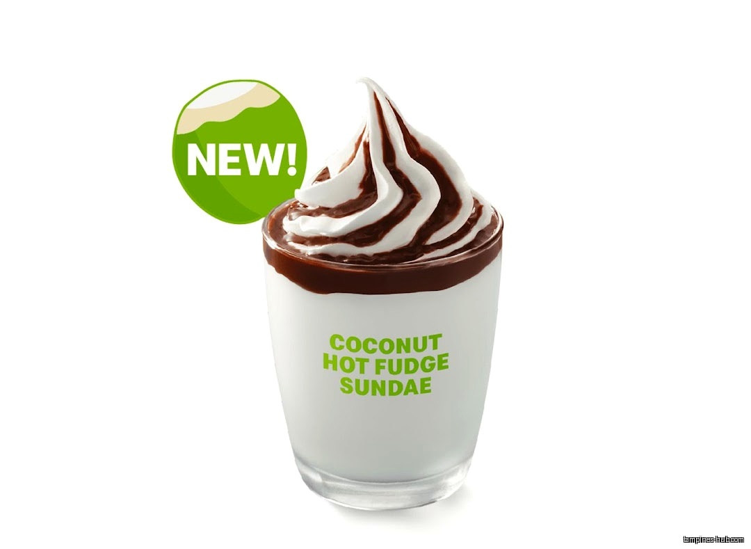 A Coconut Hot Fudge Sundae from McDonald's with a 'New!' sticker.