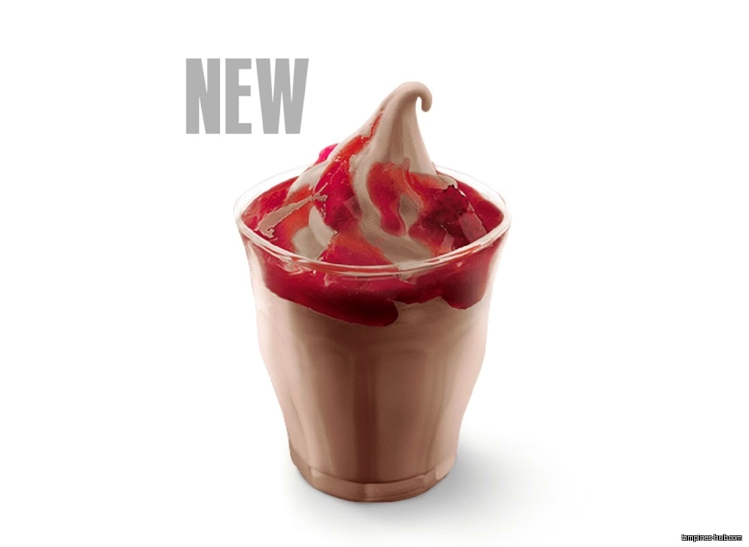 A McDonald's chocolate sundae with strawberry topping and the word 'NEW'.