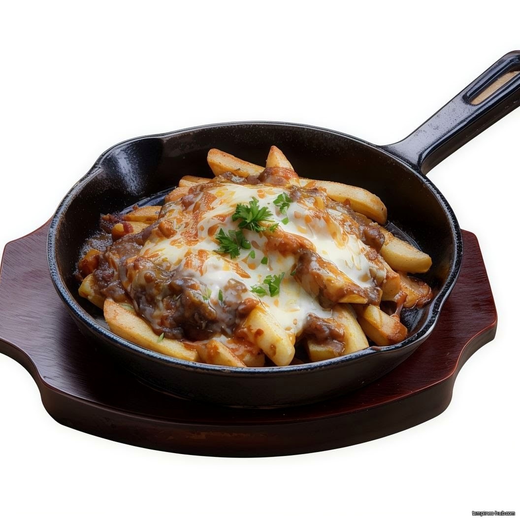 Fries topped with melted cheese and sauce in a skillet on wood.