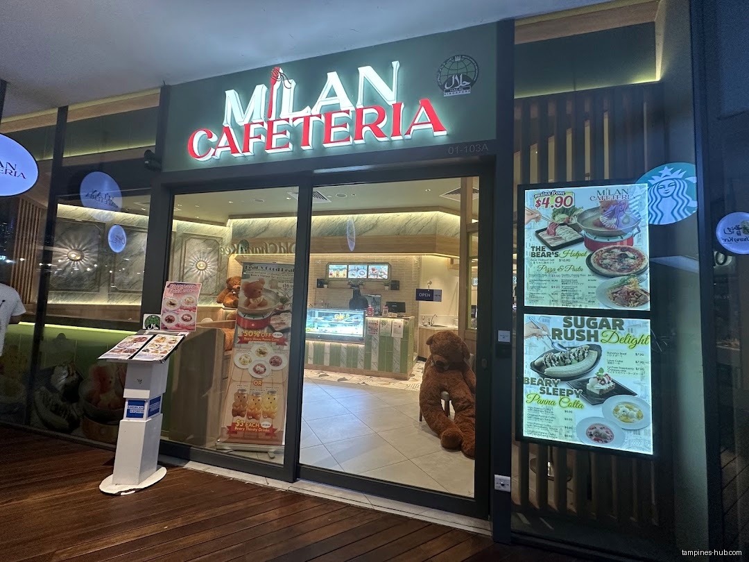 The image shows the front of Milan Cafeteria at Our Tampines Hub.