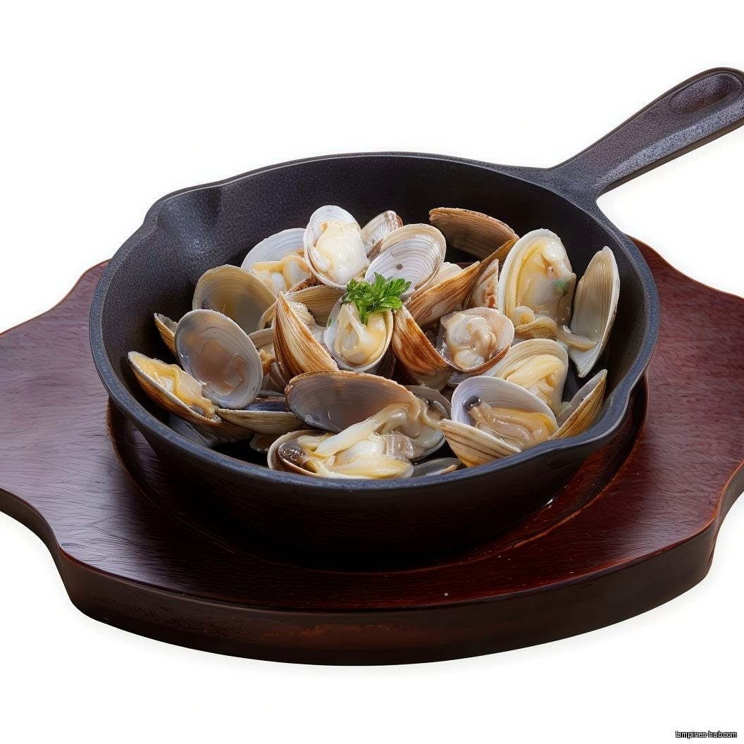 A pan of steamed clams on a wooden serving board.