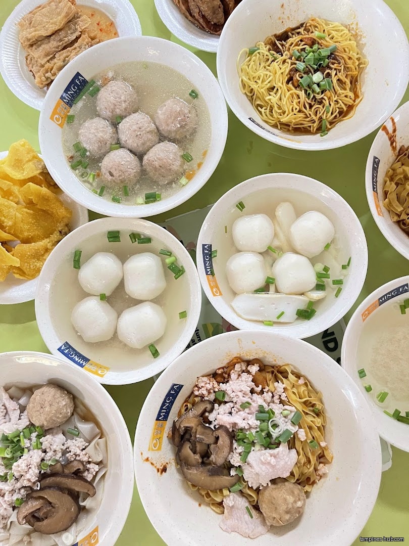 Several bowls of noodles and fishball soup from Ming Fa Fishball.