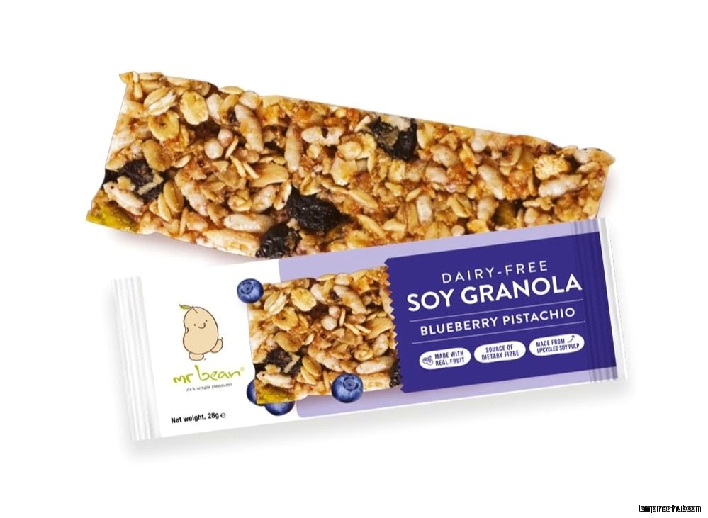 Mr Bean's dairy-free soy granola bar with blueberry pistachio flavor is displayed.