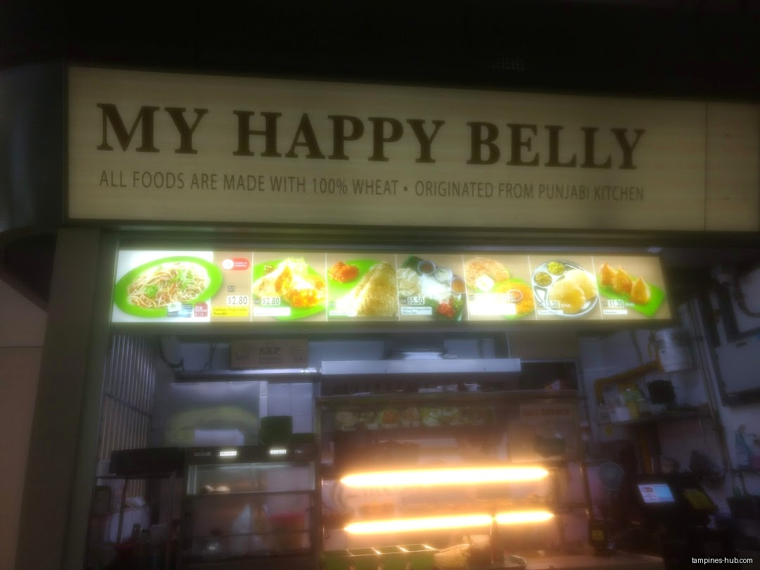 My Happy Belly shop front with menu board showing food and prices.