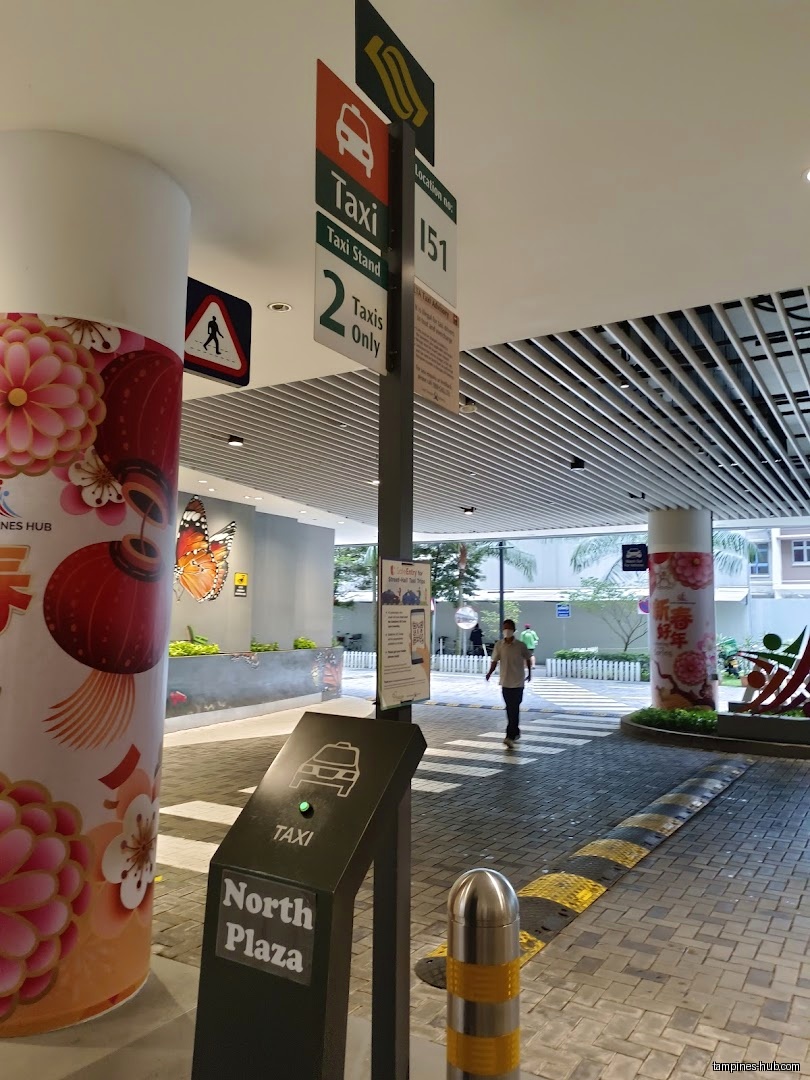 North Plaza taxi stand with signage and pedestrian crossing visible.