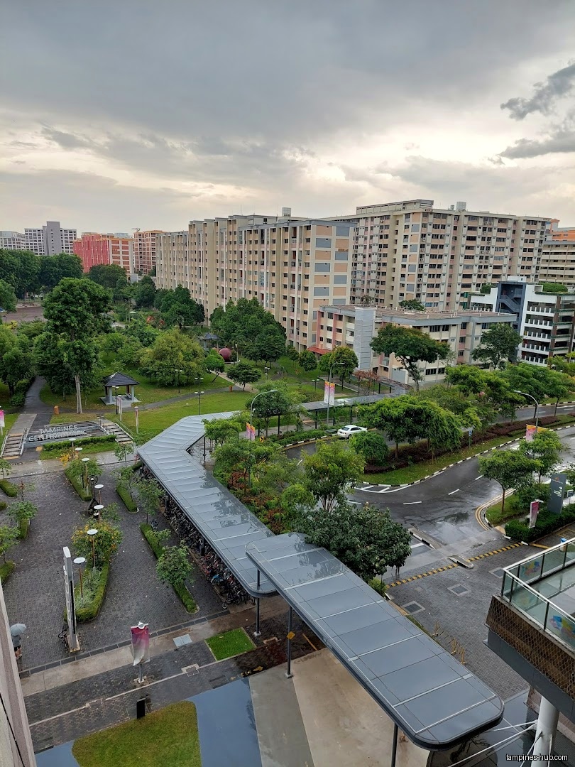 An elevated view of a park, buildings, and covered walkway.