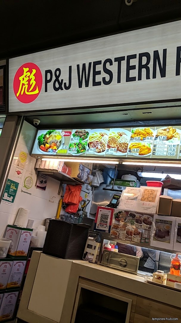P&J Western Food shop front with menu board and counter visible.