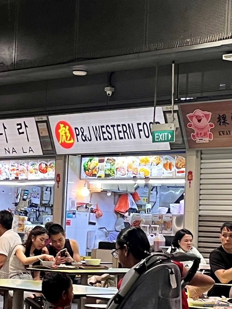 P&J Western Food shop front with customers at tables.
