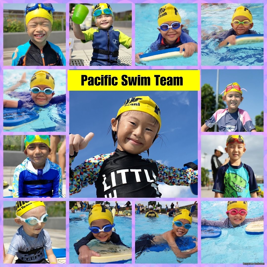 Collage of children wearing swimsuits, goggles, and caps at Pacific Swim Team.