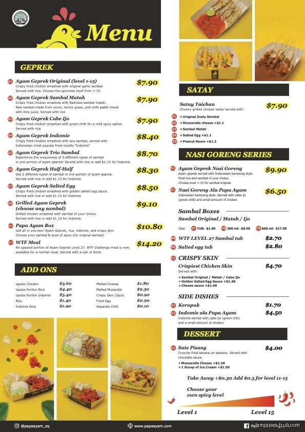 This image shows the menu of Papa Ayam Our Tampines Hub.