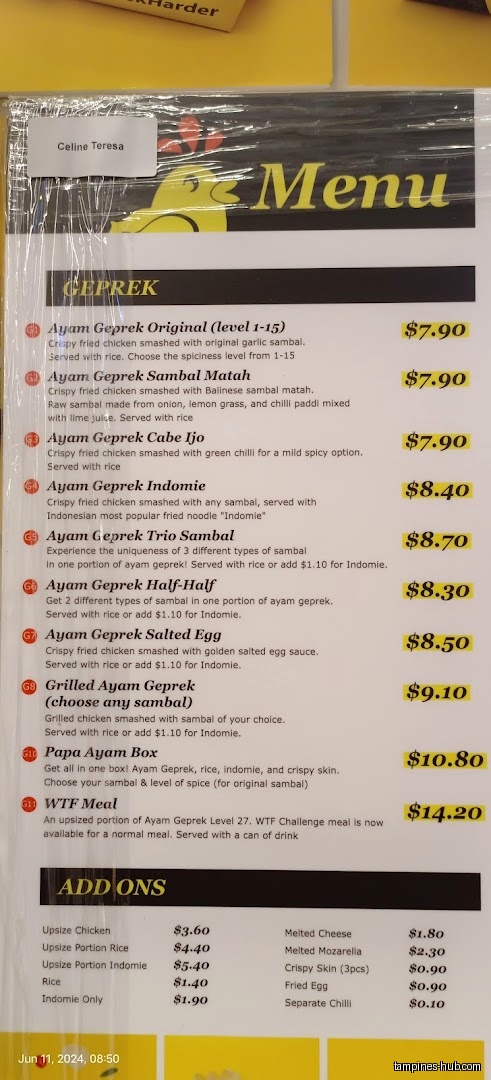 The image shows a menu for Papa Ayam Our Tampines Hub.