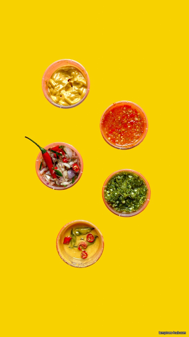 The image shows five small containers of different sauces on yellow background.