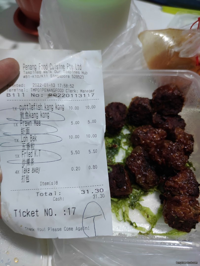 A receipt from Penang Food Cuisine PTE LTD with food in a container.