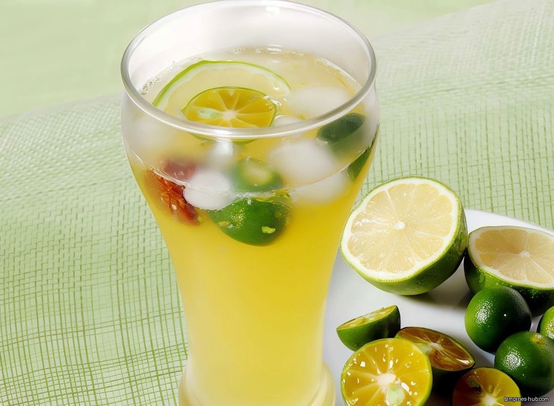 A glass of lime juice with ice and sliced limes.