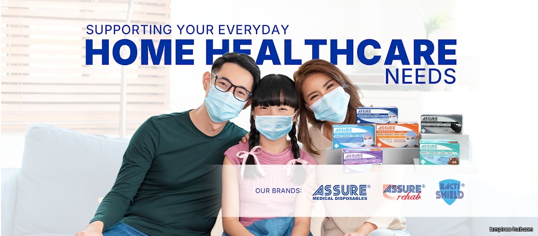 A family wearing masks is shown with boxes of Assure brand masks.