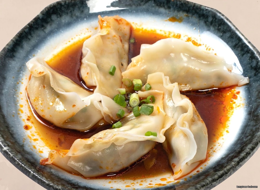 A plate of dumplings with sauce and green onion garnish.