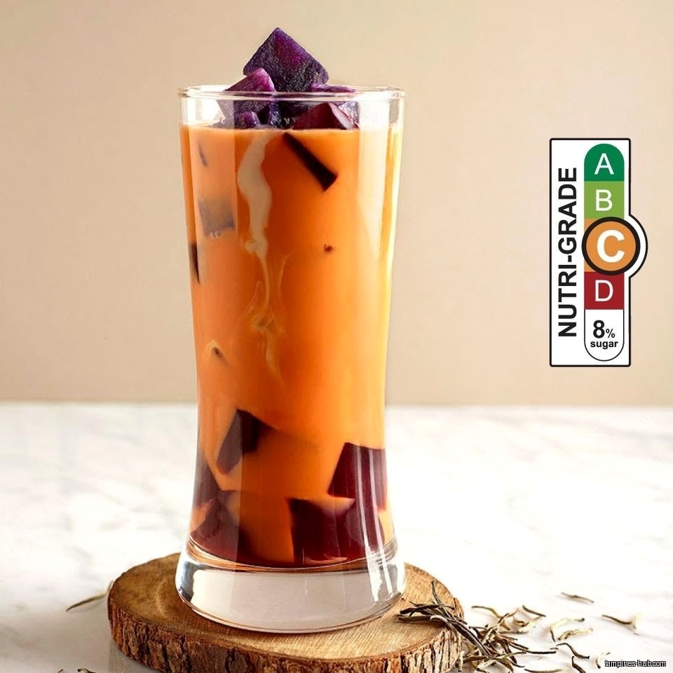 A glass of Thai milk tea with purple jelly and a nutri-grade label.