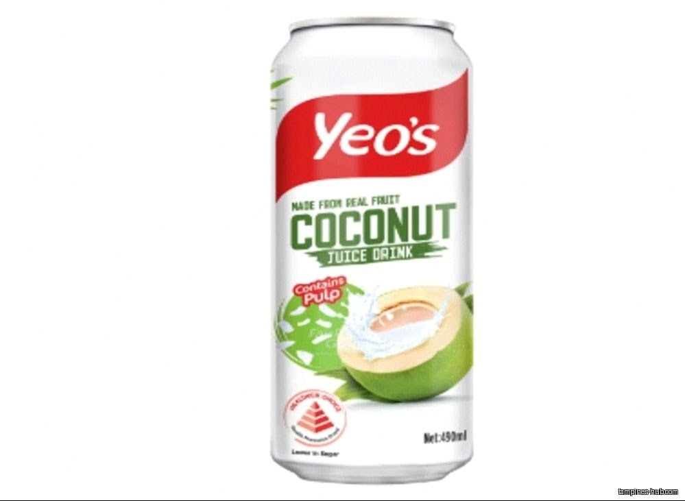 A can of Yeo's coconut juice drink is displayed.