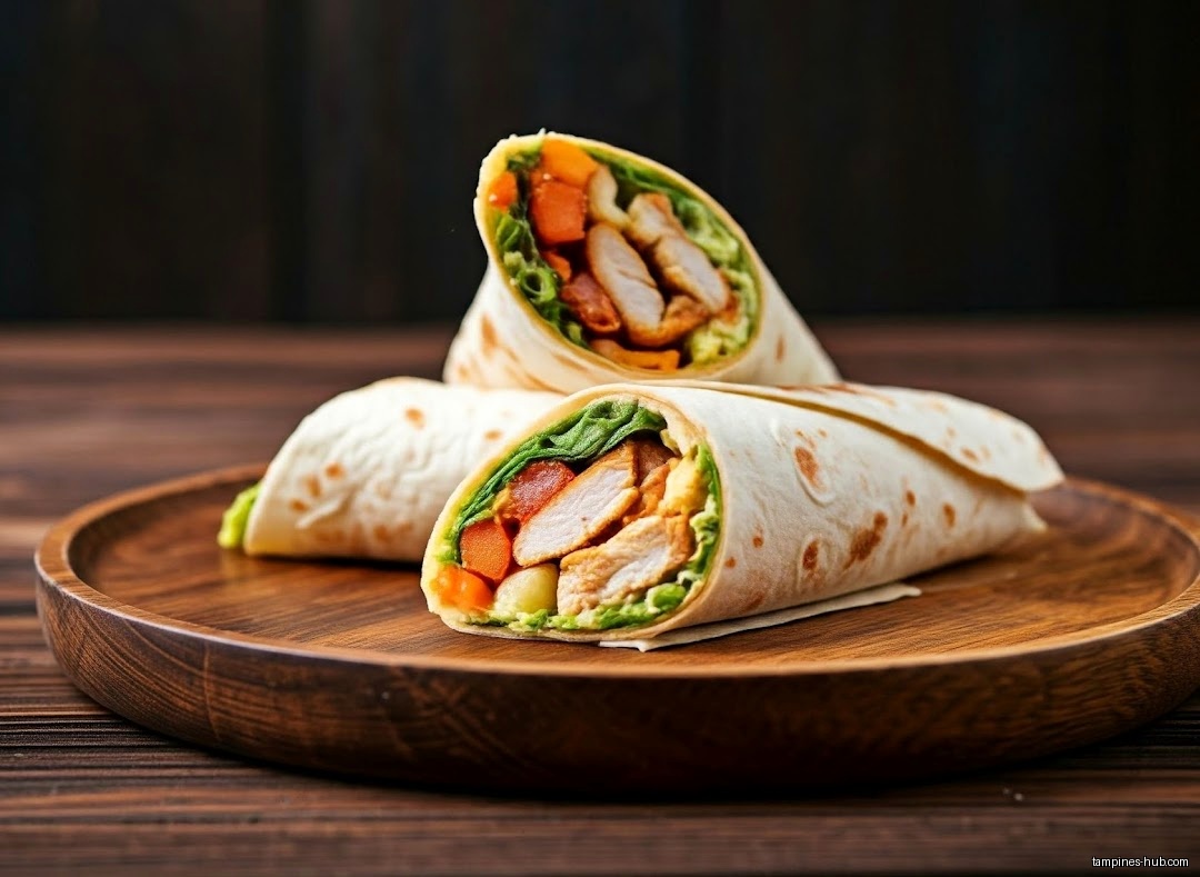 Three chicken wraps with vegetables are displayed on a wooden plate.