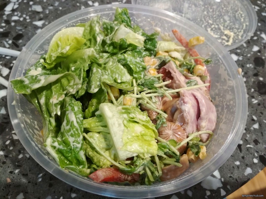 A plastic container holds a salad with lettuce, meat, and other ingredients.