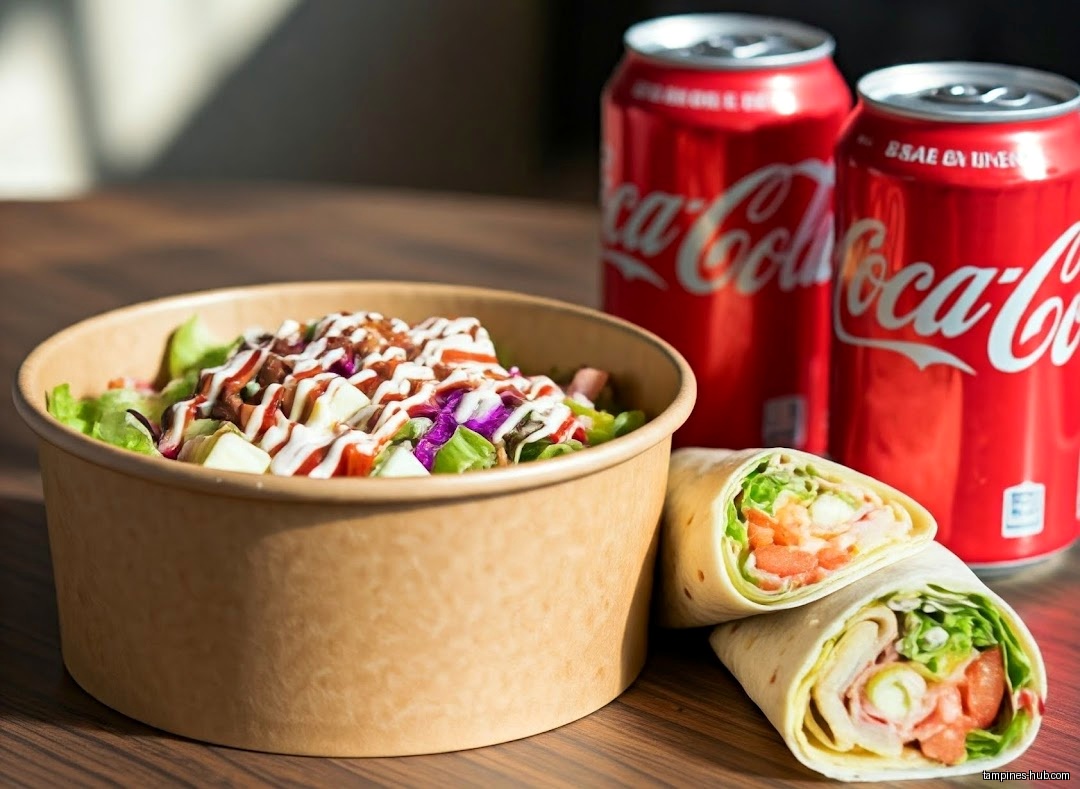 A salad bowl, wraps, and two cans of Coca-Cola are on a table.