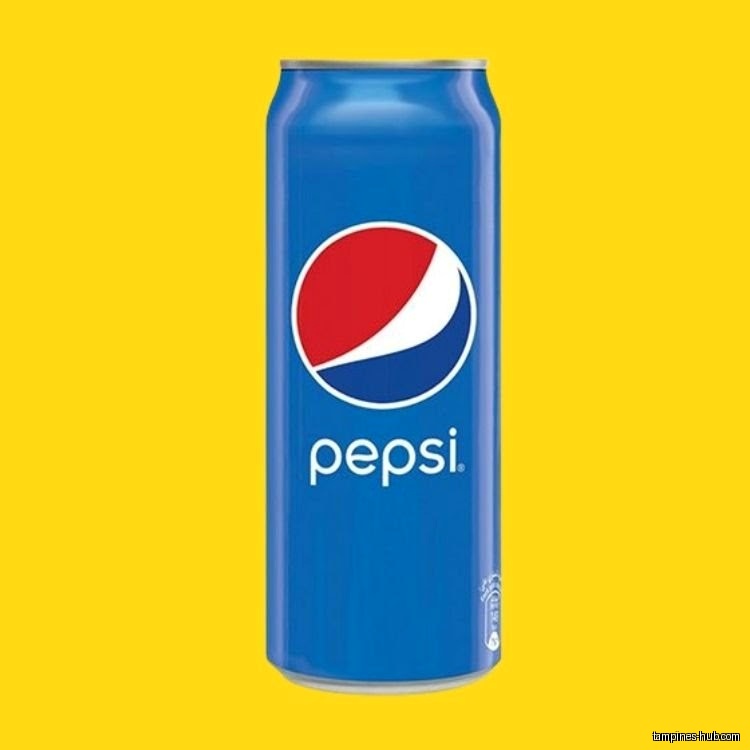 The image shows a blue Pepsi can against a yellow background.
