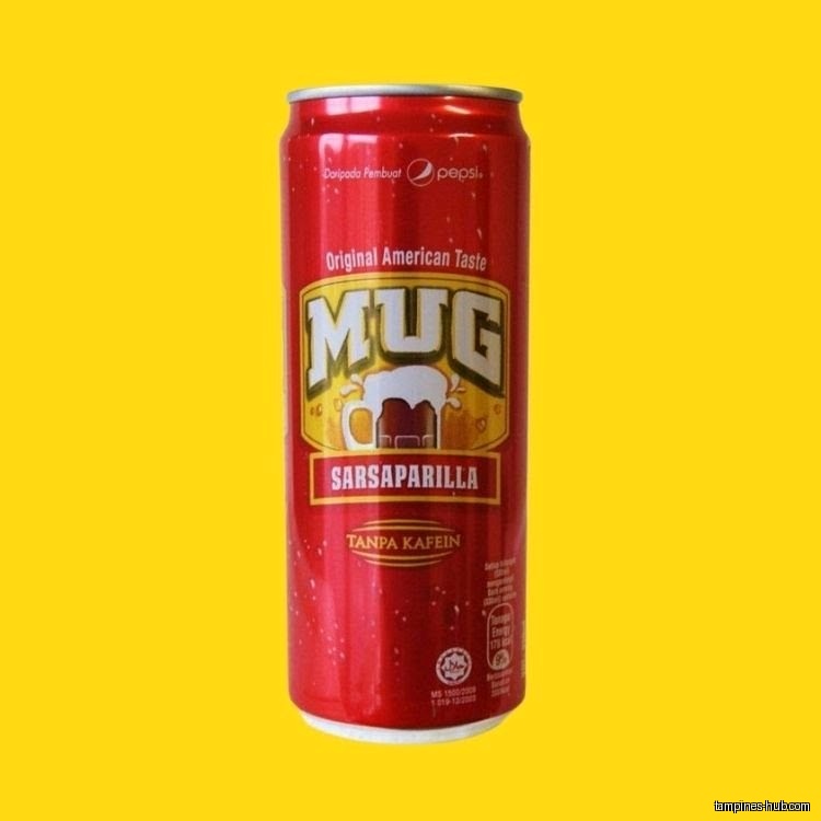 A red can of Mug Sarsaparilla soda is displayed on yellow background.