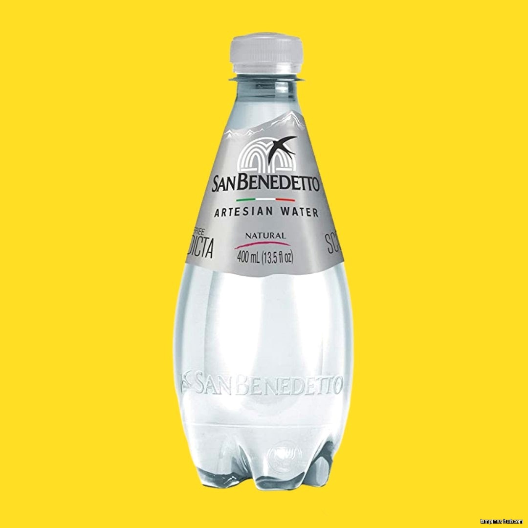 A bottle of San Benedetto Artesian Water is displayed on yellow background.