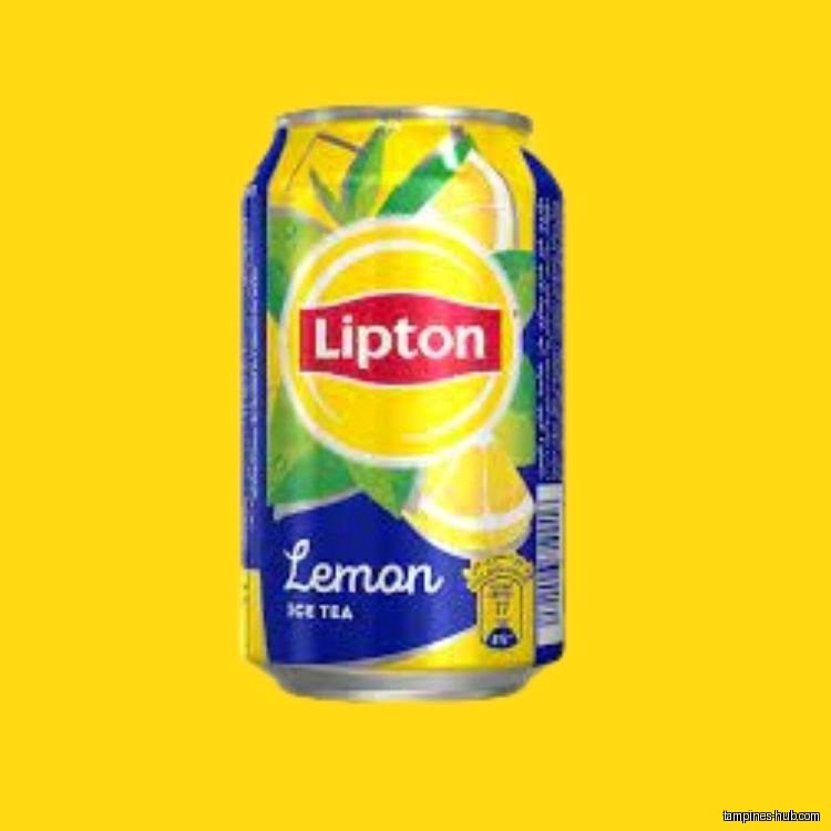A can of Lipton Lemon Ice Tea is displayed on a yellow background.