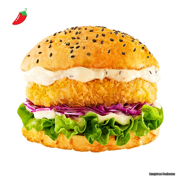 A burger with a fried patty, lettuce, red cabbage, and sauce.