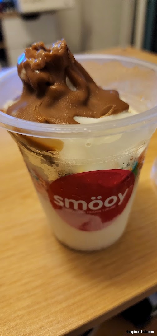 A cup of Smöoy frozen yogurt with chocolate topping on a table.