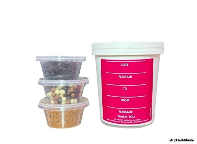 Three containers of toppings and a container with a label are shown.