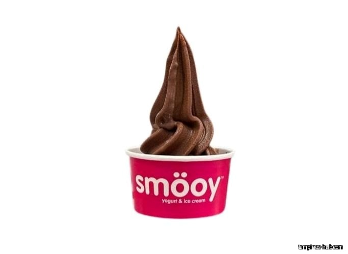 A cup of chocolate frozen yogurt from smöoy on a white background.