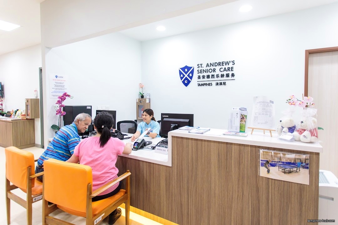 Interior view of St. Andrew's Senior Care reception area with staff and clients.