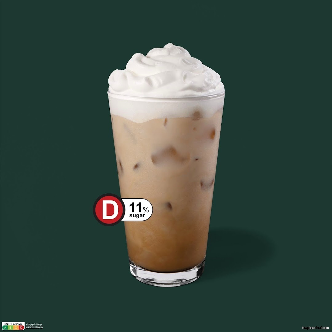 A Starbucks iced coffee drink with whipped cream and a sugar grade.