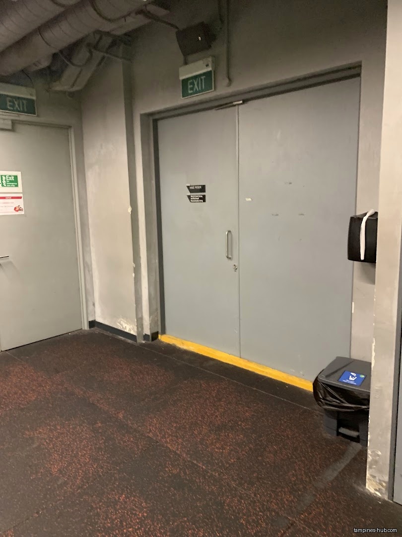 Image shows a gray door with an exit sign above it.
