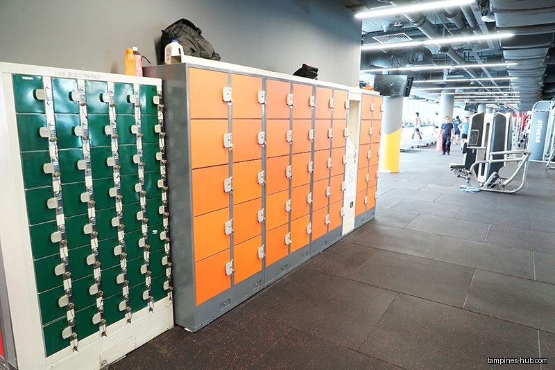 The image shows lockers inside the Tampines ActiveSG Gym facility.