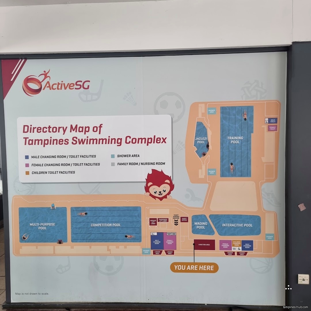 The image shows a directory map of Tampines Swimming Complex.