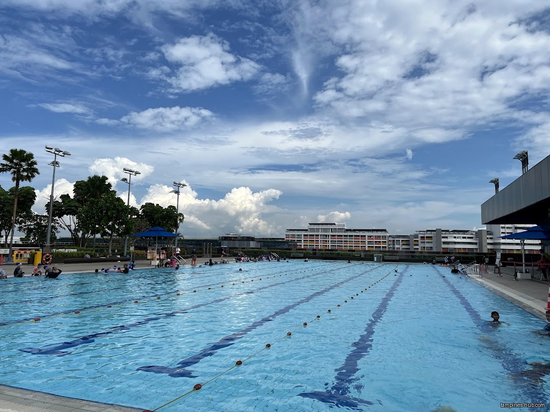 A large outdoor swimming pool with people swimming under a cloudy sky.