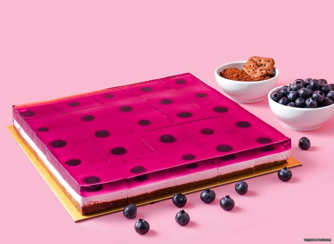 A square jelly cake with blueberries, cocoa powder, and biscuits on pink.