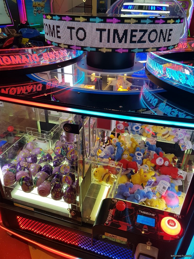 A claw machine filled with plush toys at Timezone Our Tampines Hub.