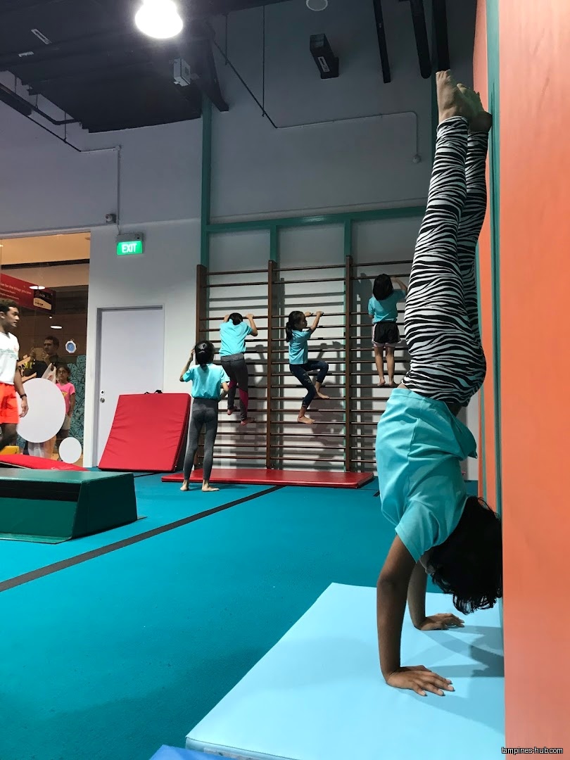 Gymnastics class with children climbing wall bars and doing handstands.